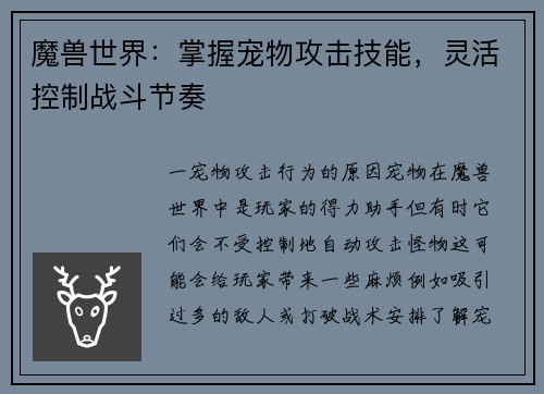 魔兽世界：掌握宠物攻击技能，灵活控制战斗节奏